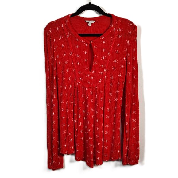 LUCKY BRAND Red Boho LARGE Women's Long Sleeve Stretchy Keyhole Blouse - Picture 1 of 4